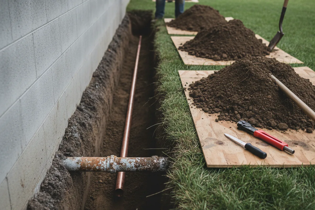 Excavated water line trench during Sewer Line Repair in Hundred